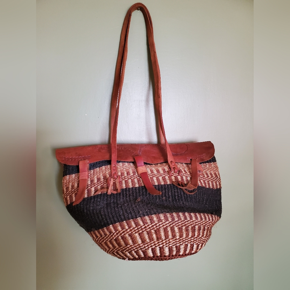 Handcrafted In Africa Brown and Black Woven Tote Bag With Leather Strap.